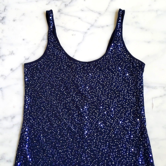 NWT. Express Gorgeous Dark Blue/Black Sparkle Sleeveless Stretch Dress w/Lining. - Picture 3 of 8